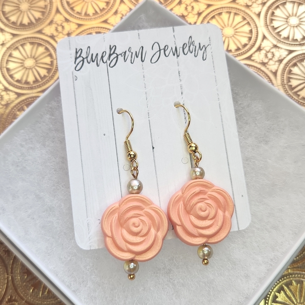 Handmade Peach Rose Earrings - 18k Gold Plated
